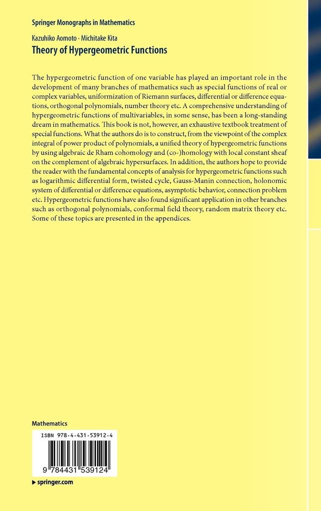 Weitere Ansicht: Theory of Hypergeometric Functions | Kazuhiko Aomoto, Michitake Kita
