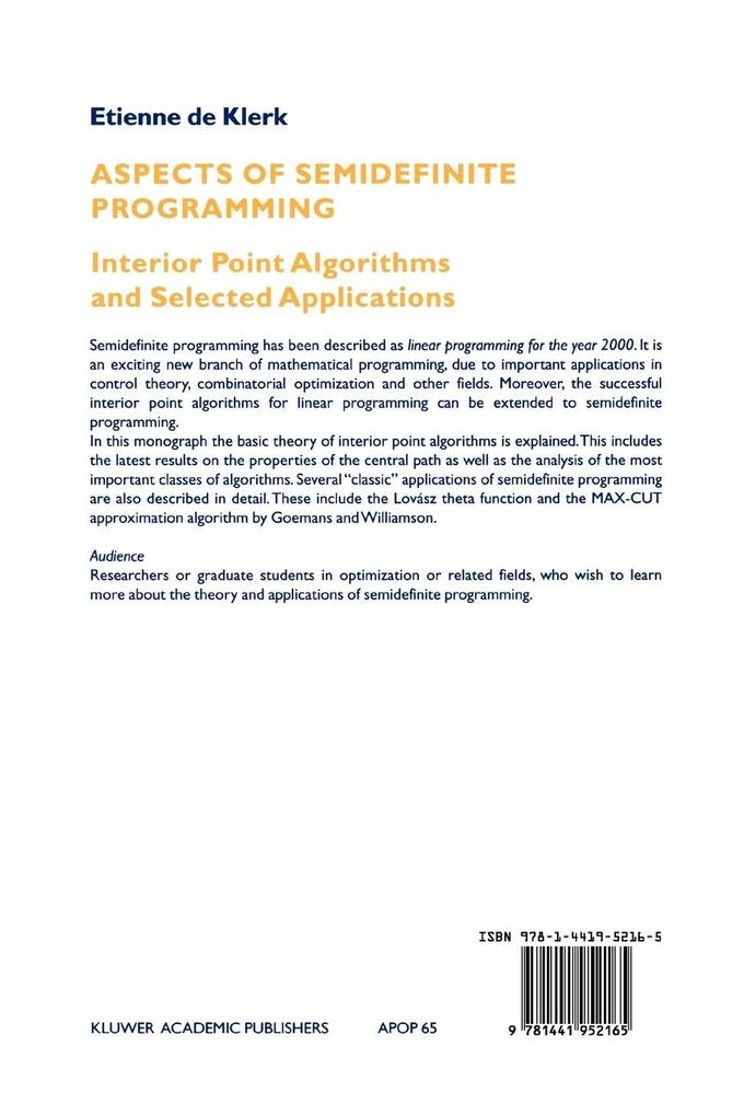 Weitere Ansicht: Aspects of Semidefinite Programming | E. de Klerk