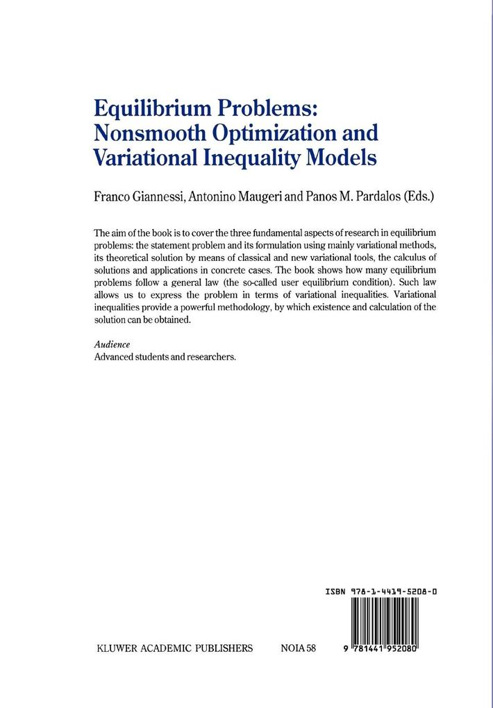 Weitere Ansicht: Equilibrium Problems: Nonsmooth Optimization and Variational Inequality Models