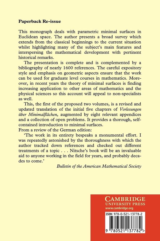 Weitere Ansicht: Lectures on Minimal Surfaces | Johannes C. C. Nitsche