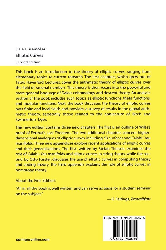 Weitere Ansicht: Elliptic Curves | Dale Husemöller