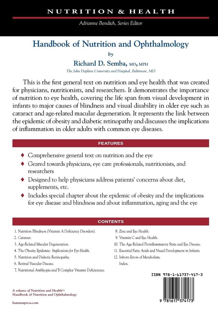 Weitere Ansicht: Handbook of Nutrition and Ophthalmology | Richard David Semba
