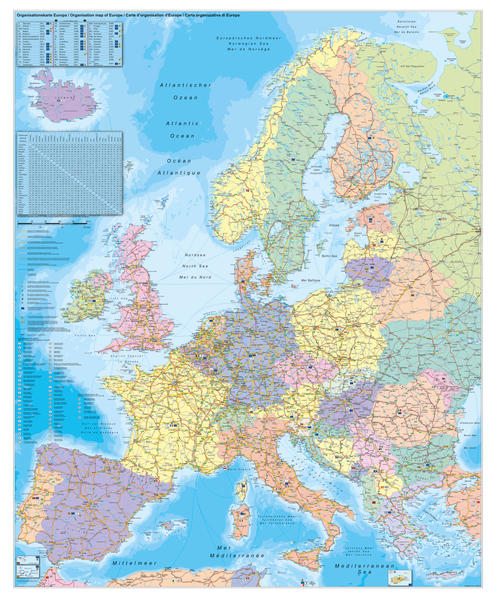 Produktbild: Europa Organisationskarte 1 : 3 600 000. Wandkarte Großformat mit Metallstäben | Heinrich Stiefel