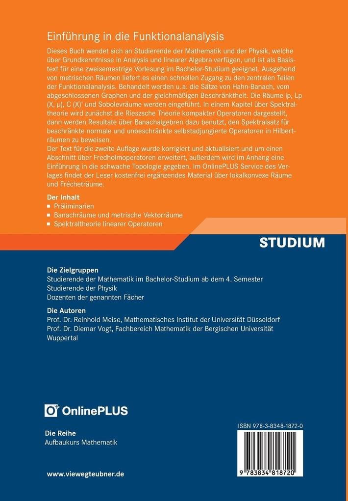 Weitere Ansicht: Einführung in die Funktionalanalysis | Reinhold Meise, Dietmar Vogt