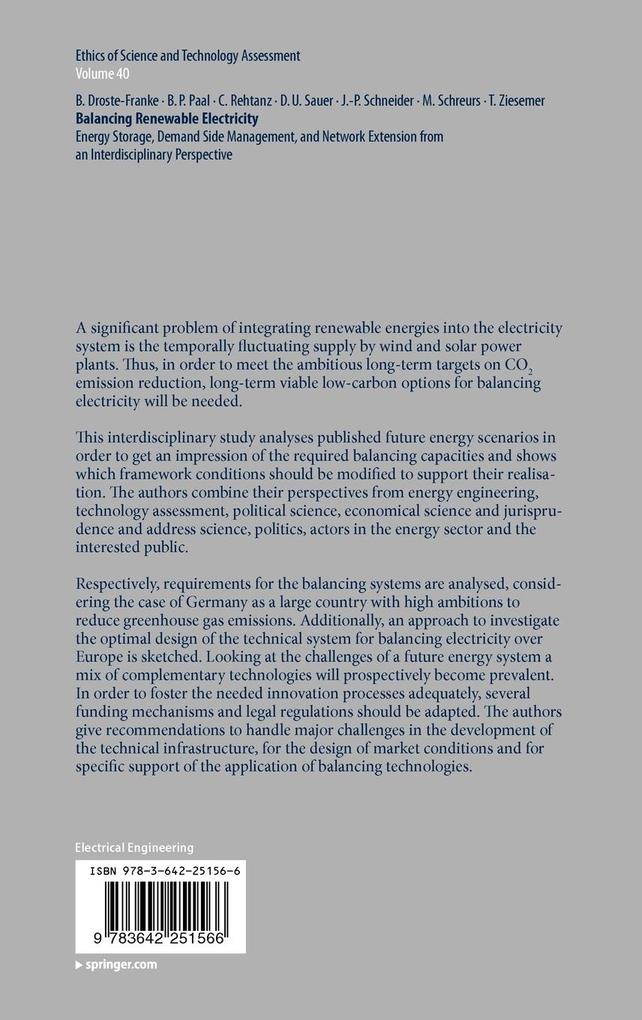 Weitere Ansicht: Balancing Renewable Electricity | Bert Droste-Franke, Boris P. Paal, Christian Rehtanz, Dirk Uwe Sauer, Jens-Peter Schneider