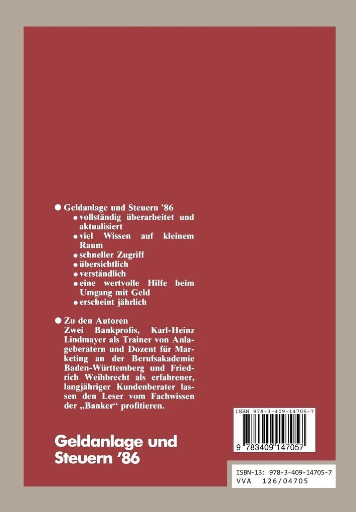 Weitere Ansicht: Geldanlage und Steuern '86 | Karl H. Lindmayer
