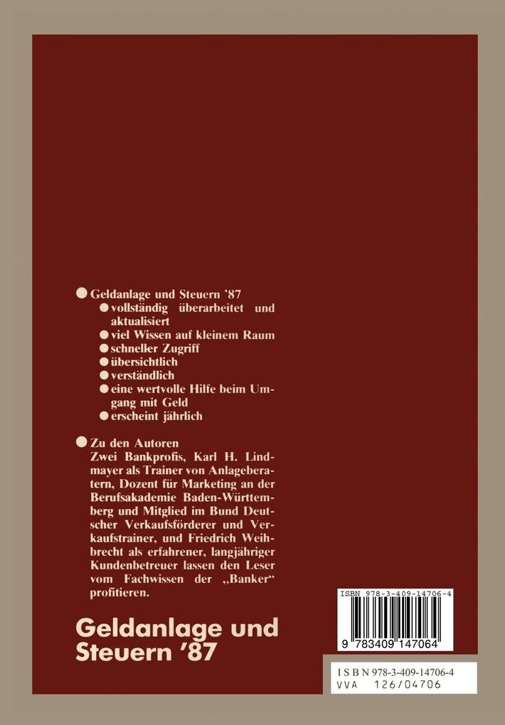 Weitere Ansicht: Geldanlage und Steuern '87 | Karl H. Lindmayer