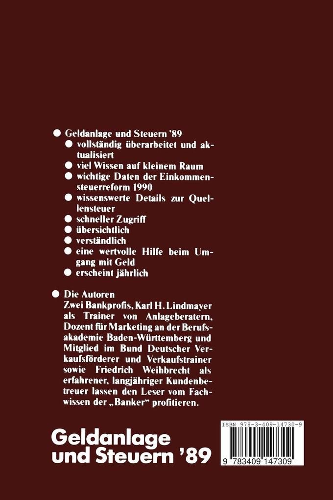 Weitere Ansicht: Geldanlage und Steuern '89 | Karl H. Lindmayer, Friedrich Weihbrecht