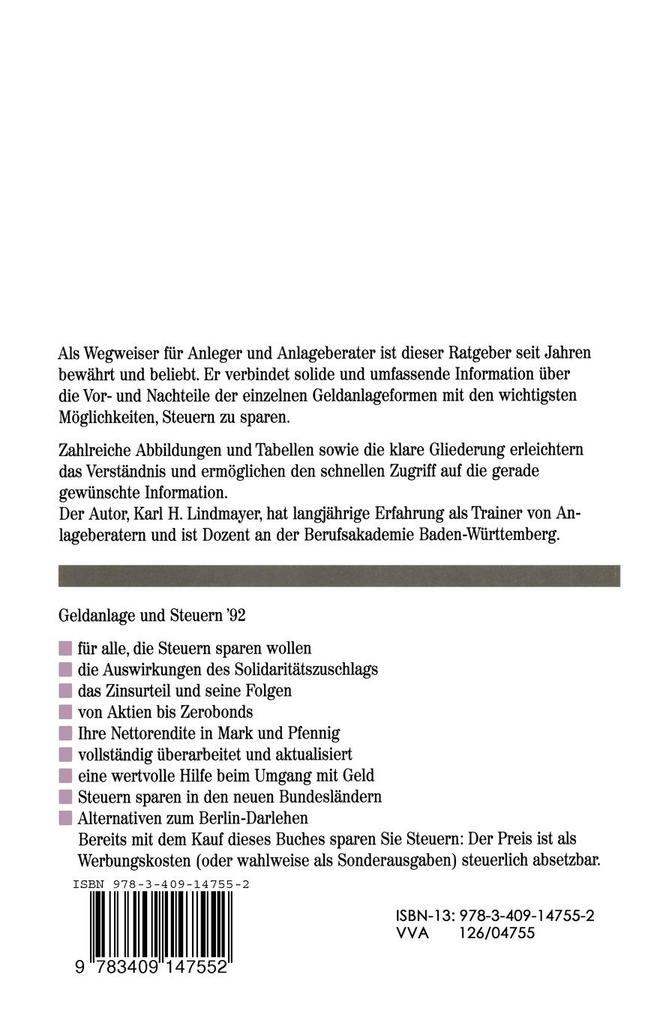 Weitere Ansicht: Geldanlage und Steuern '92 | Karl H. Lindmayer