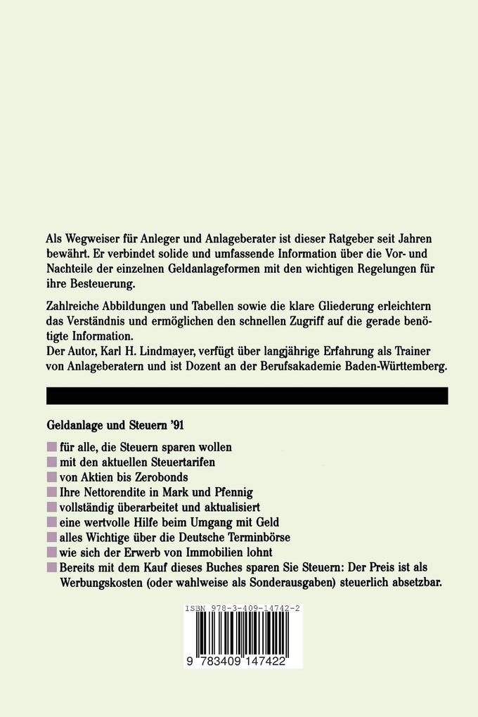 Weitere Ansicht: Geldanlage und Steuern '91 | Karl H. Lindmayer