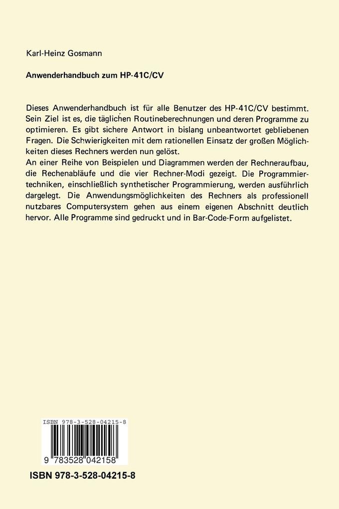 Weitere Ansicht: Anwenderhandbuch HP-41 C/CV | Karl-Heinz Gosmann