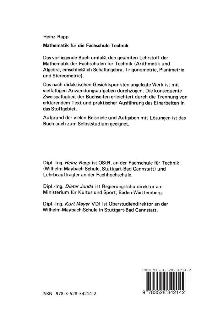 Weitere Ansicht: Mathematik für die Fachschule Technik | Heinz Rapp