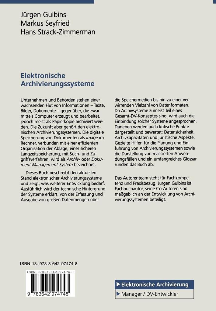 Weitere Ansicht: Elektronische Archivierungssysteme | Jürgen Gulbins, Markus Seyfried, Hans Strack-Zimmermann