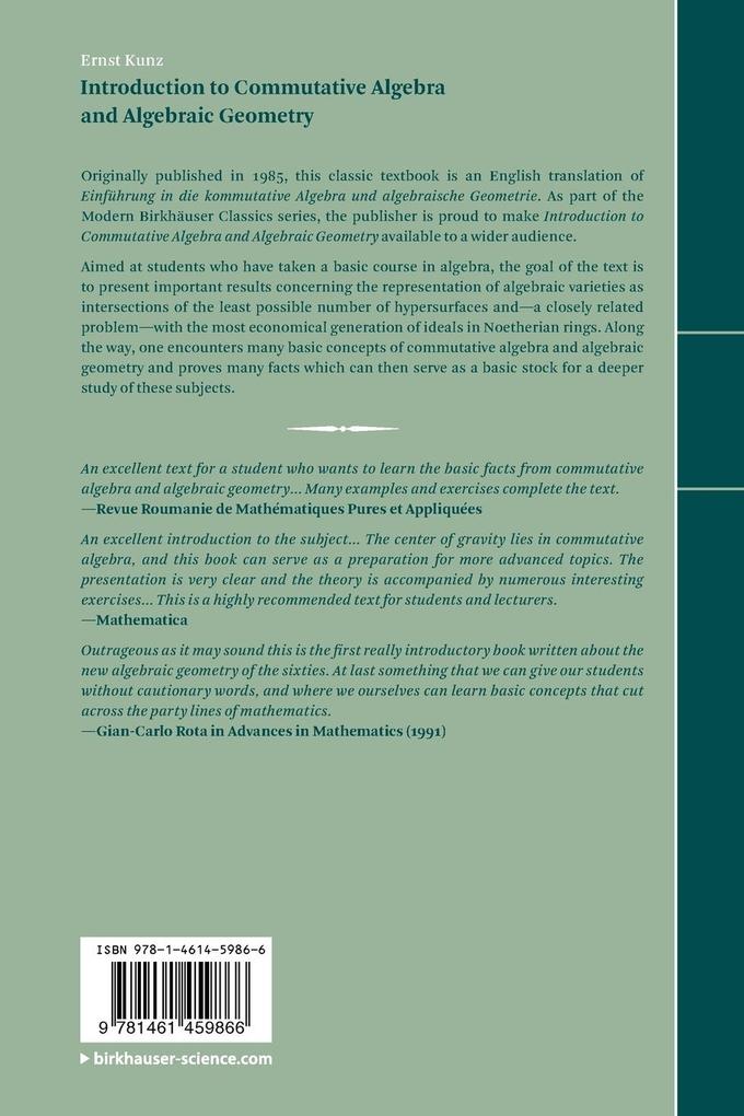 Weitere Ansicht: Introduction to Commutative Algebra and Algebraic Geometry | Ernst Kunz