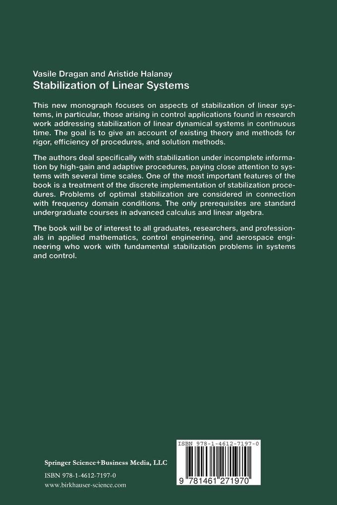 Weitere Ansicht: Stabilization of Linear Systems | Vasile Dragan, Aristide Halanay