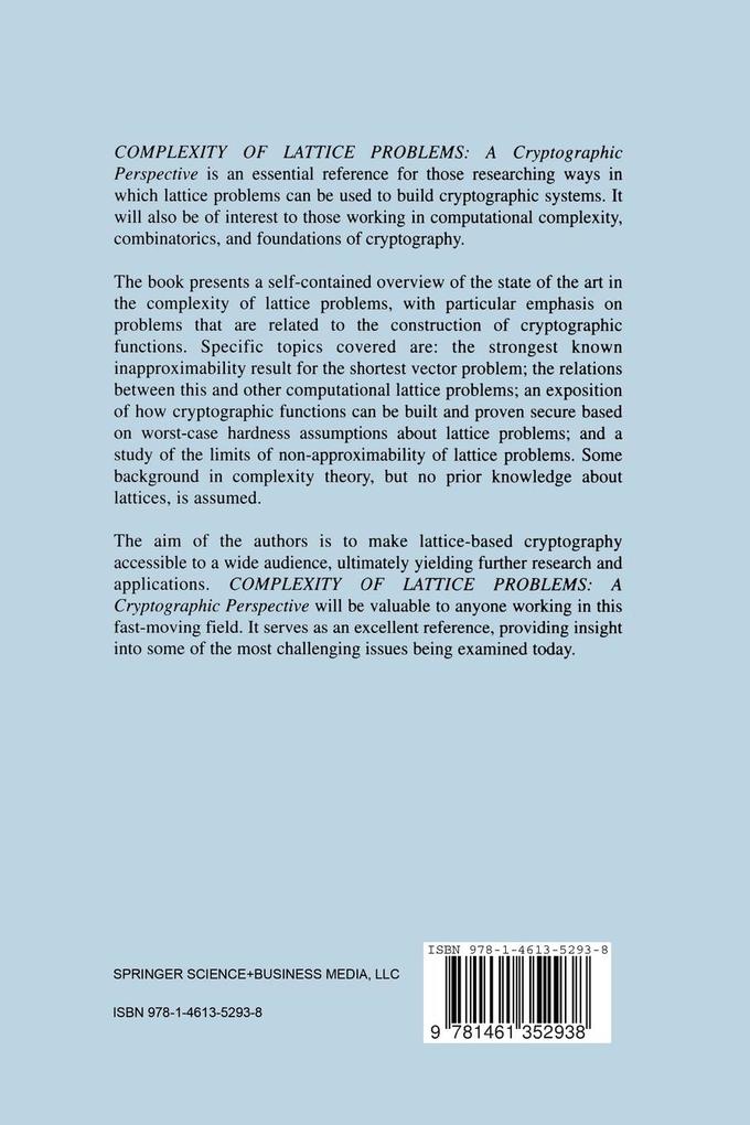 Weitere Ansicht: Complexity of Lattice Problems | Shafi Goldwasser, Daniele Micciancio