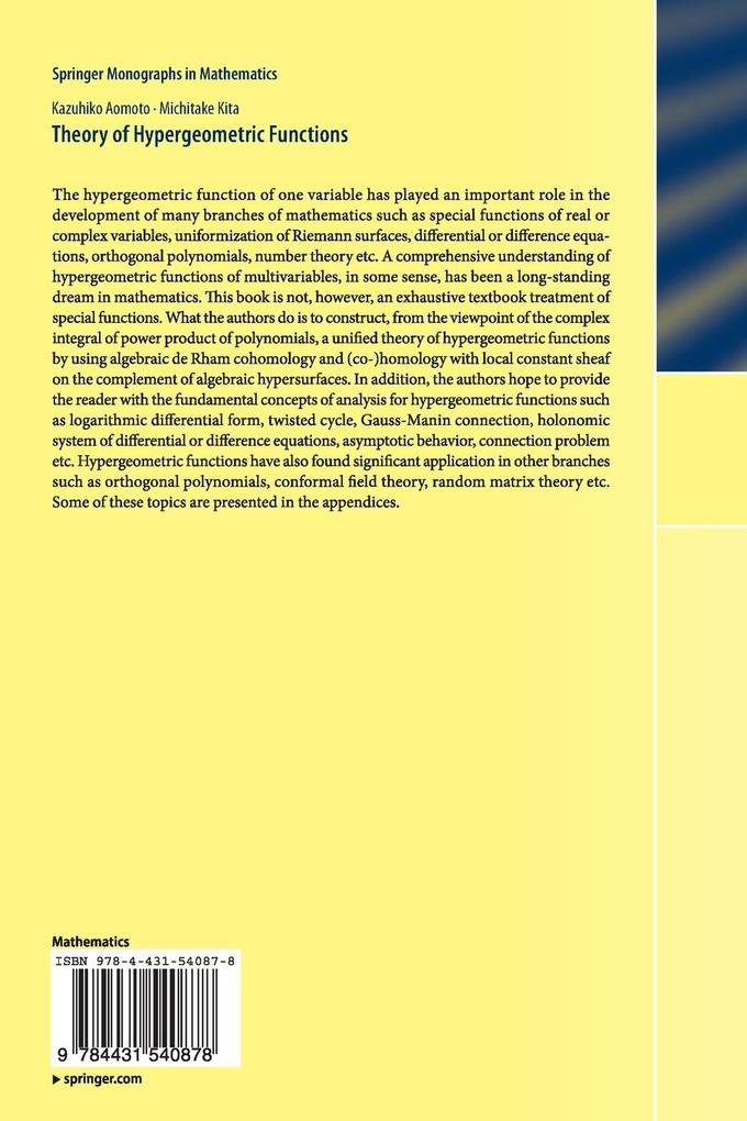 Weitere Ansicht: Theory of Hypergeometric Functions | Kazuhiko Aomoto, Michitake Kita