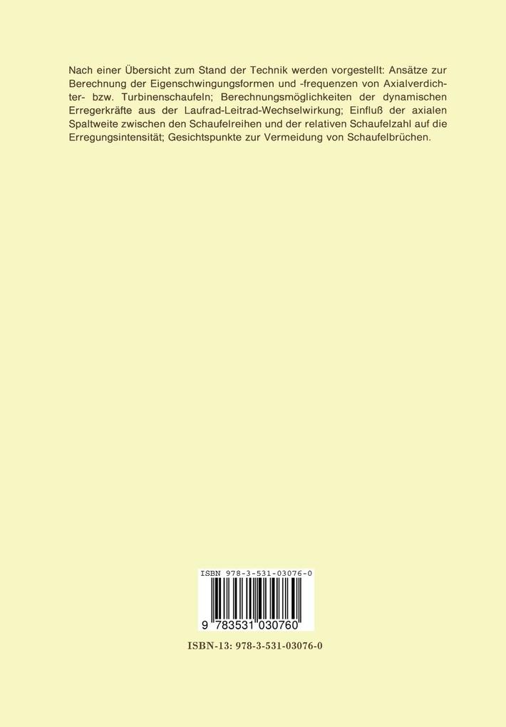 Weitere Ansicht: Gestaltungsrichtlinien zur Reduzierung von Schaufelschwingungsanregungen infolge instationärer Schaufeldruckverteilungen | Heinz Eckhard Gallus