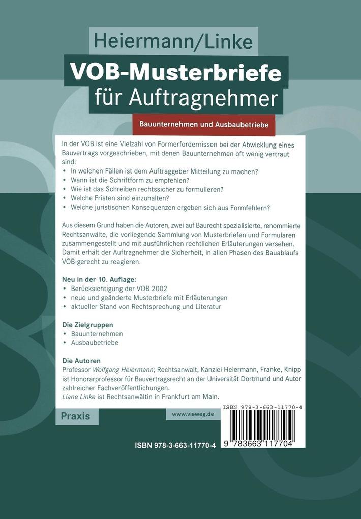 Weitere Ansicht: VOB-Musterbriefe für Auftragnehmer | Wolfgang Heiermann, Liane Linke