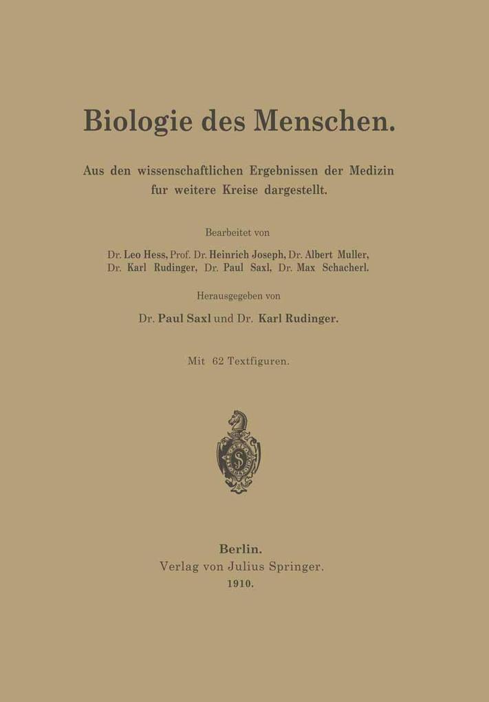 Produktbild: Biologie des Menschen | Leo Heß, Heinrich Joseph, Albert Müller, Karl Rudinger, Paul Saxl