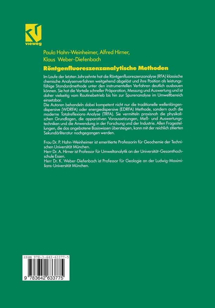 Weitere Ansicht: Röntgenfluoreszenzanalytische Methoden | Paula Hahn-Weinheimer, Alfred Hirner, Klaus Weber-Diefenbach