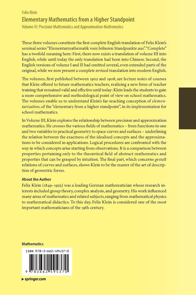 Weitere Ansicht: Elementary Mathematics from a Higher Standpoint | Felix Klein