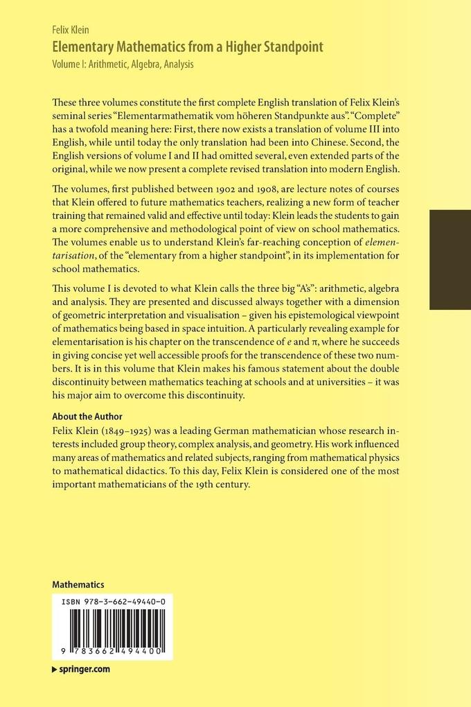 Weitere Ansicht: Elementary Mathematics from a Higher Standpoint | Felix Klein