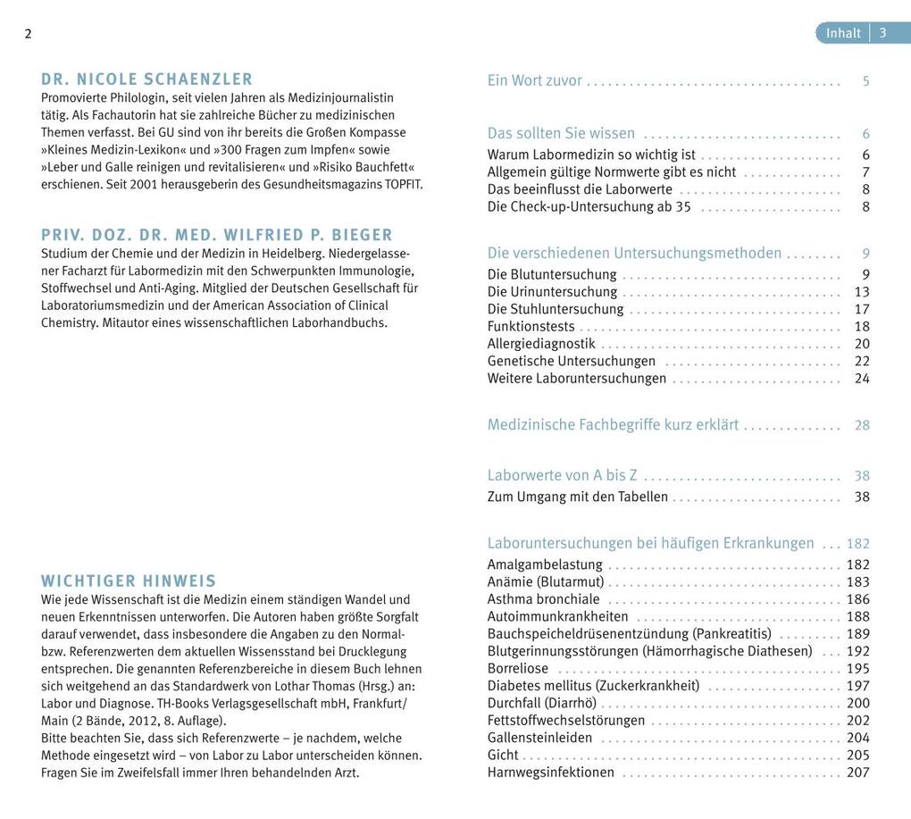 Weitere Ansicht: Laborwerte | , Wilfried P. Bieger, Nicole Schaenzler, Wilfried Bieger