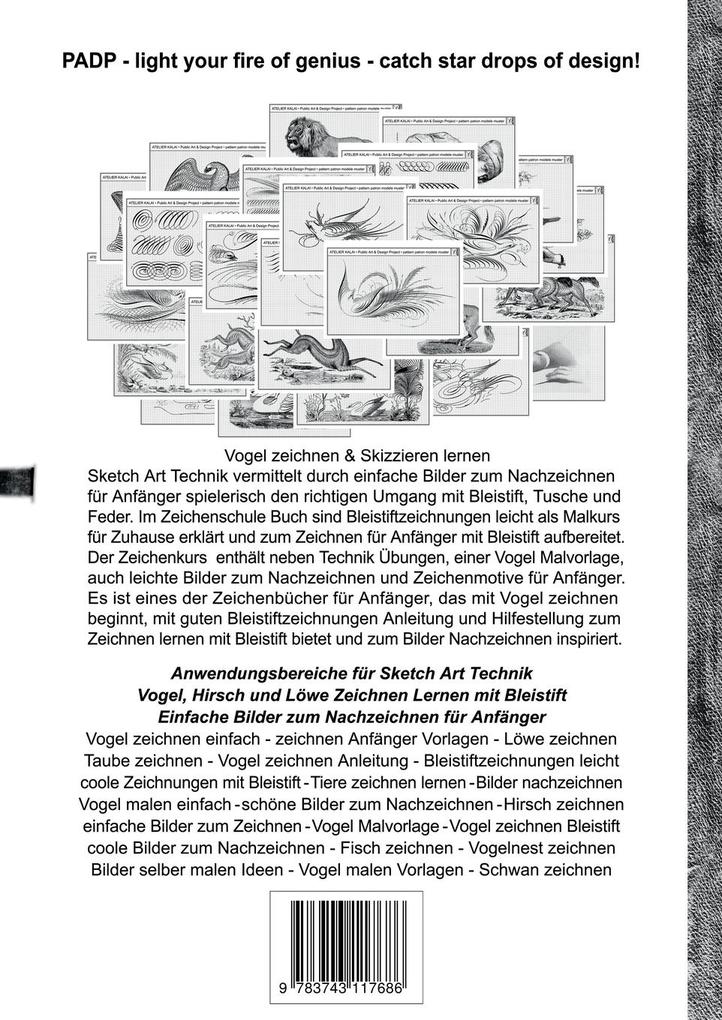 Weitere Ansicht: PADP-Script 11: Sketch Art Technik - Vogel, Hirsch und Löwe Zeichnen Lernen mit Bleistift - Einfache Bilder zum Nachzeichnen für Anfänger