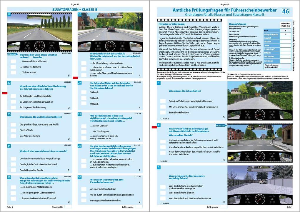 Weitere Ansicht: Führerschein Fragebogen Klasse B - Auto Theorieprüfung original amtlicher Fragenkatalog auf 71 Bögen