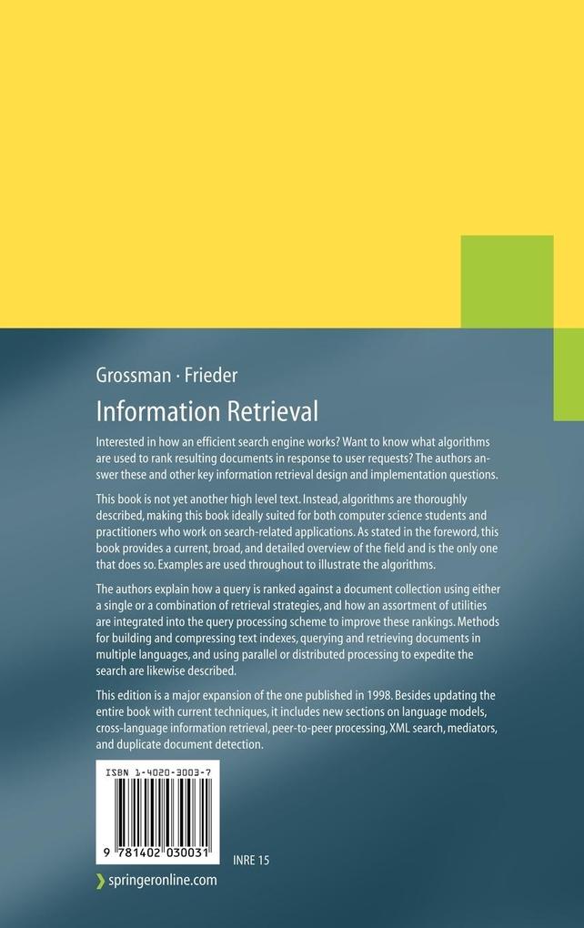 Weitere Ansicht: Information Retrieval | Ophir Frieder, David A. Grossman