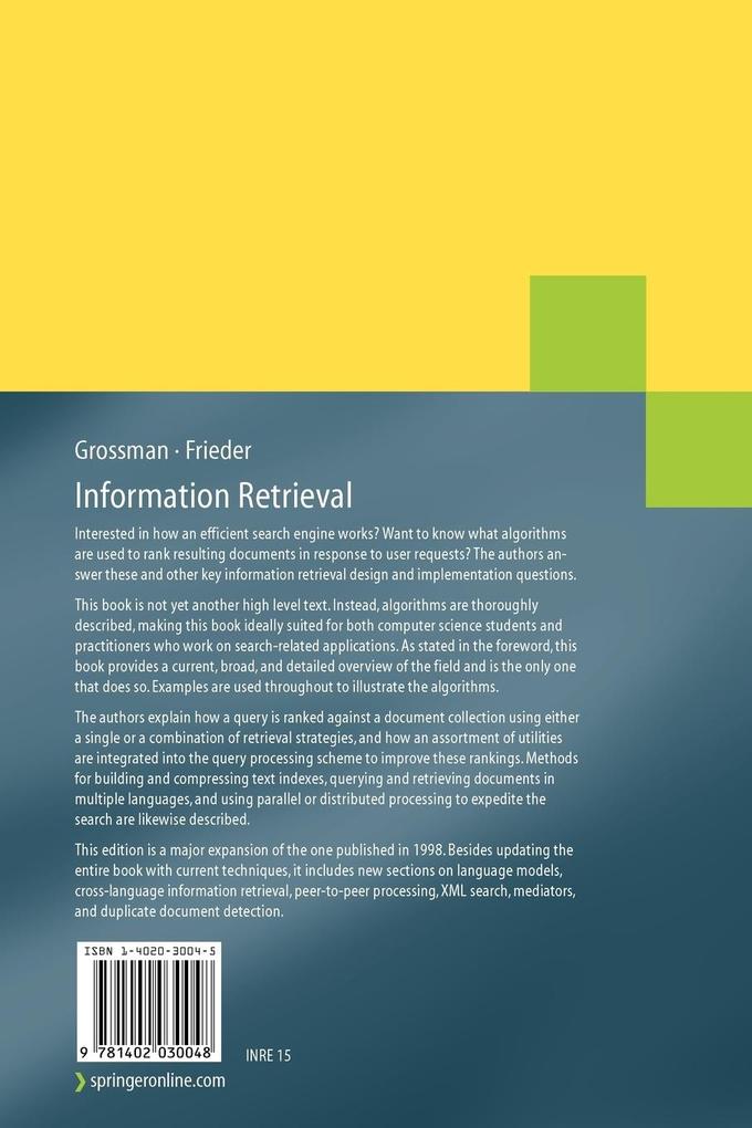 Weitere Ansicht: Information Retrieval | Ophir Frieder, David A. Grossman