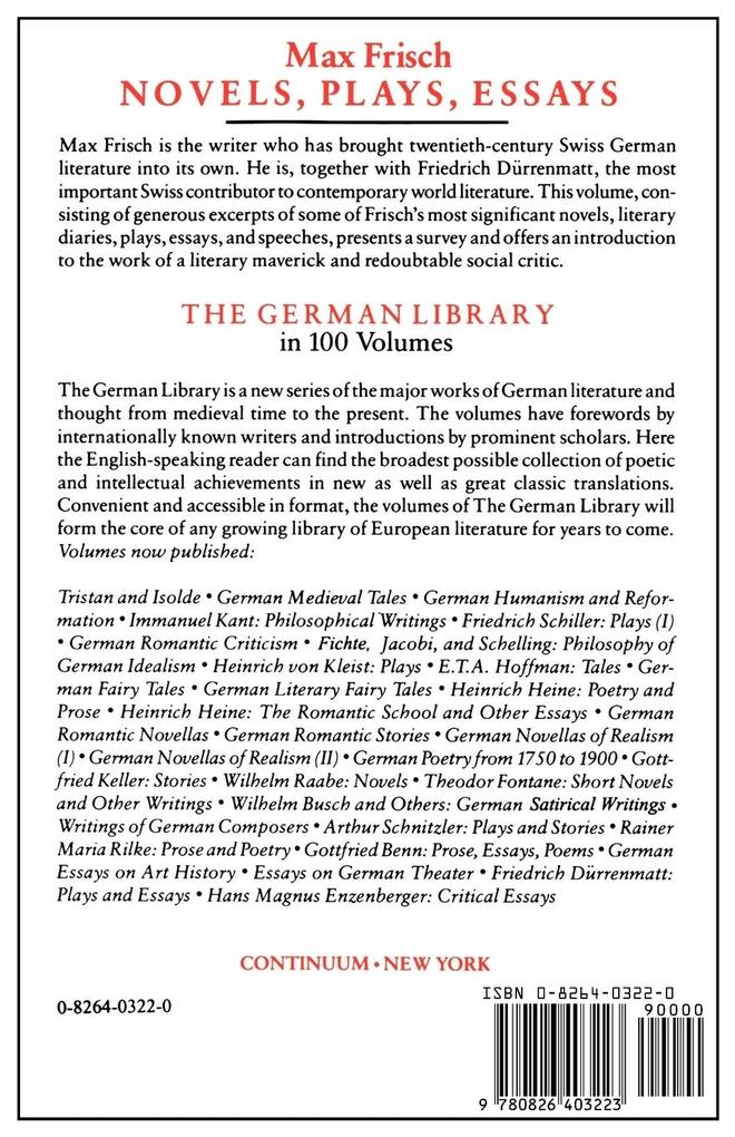 Weitere Ansicht: Novels Plays Essays | Max Frisch, Peter Demetz