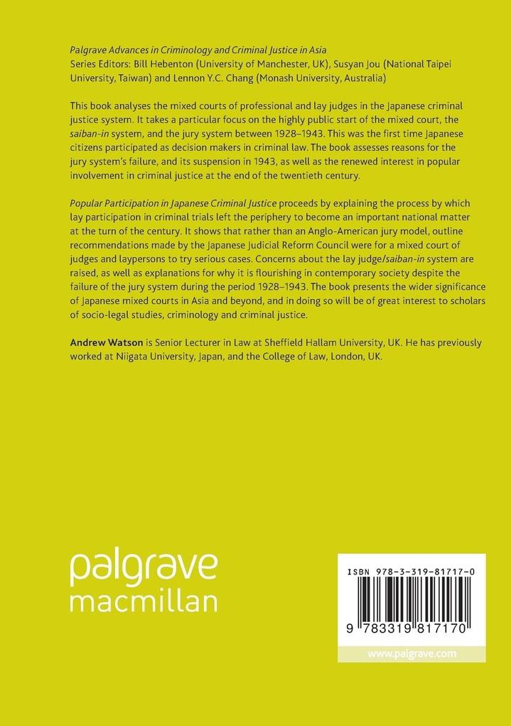 Weitere Ansicht: Popular Participation in Japanese Criminal Justice | Andrew Watson