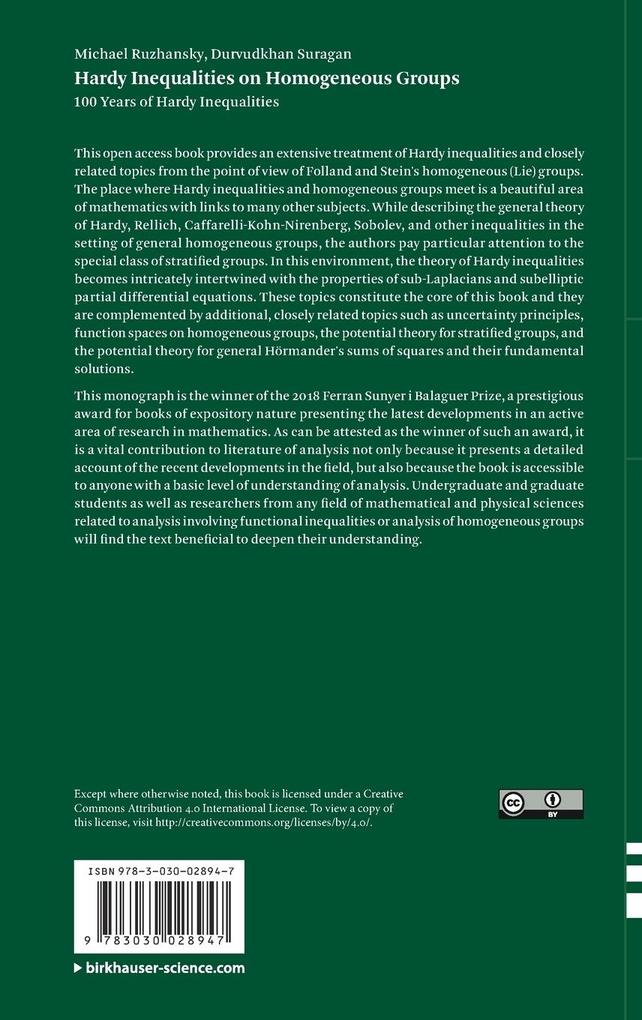 Weitere Ansicht: Hardy Inequalities on Homogeneous Groups | Michael Ruzhansky, Durvudkhan Suragan
