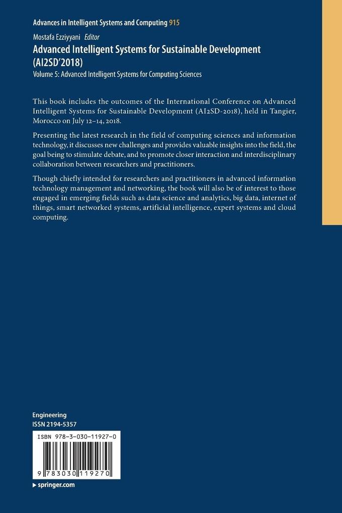 Weitere Ansicht: Advanced Intelligent Systems for Sustainable Development (AI2SD'2018)
