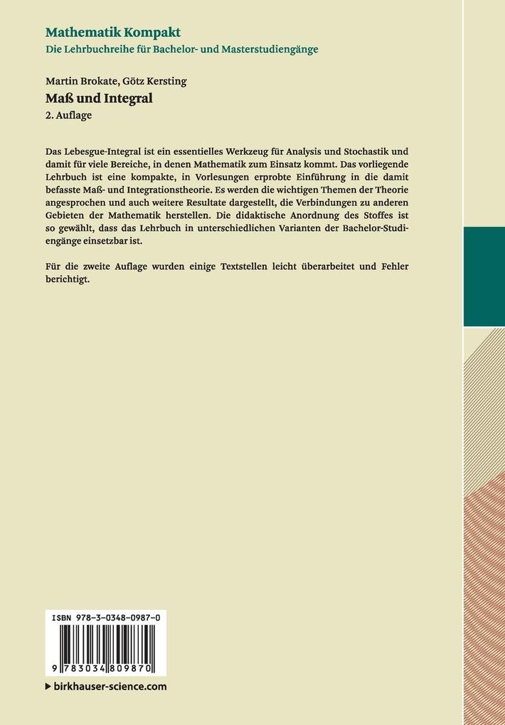 Weitere Ansicht: Maß und Integral | Martin Brokate, Götz Kersting