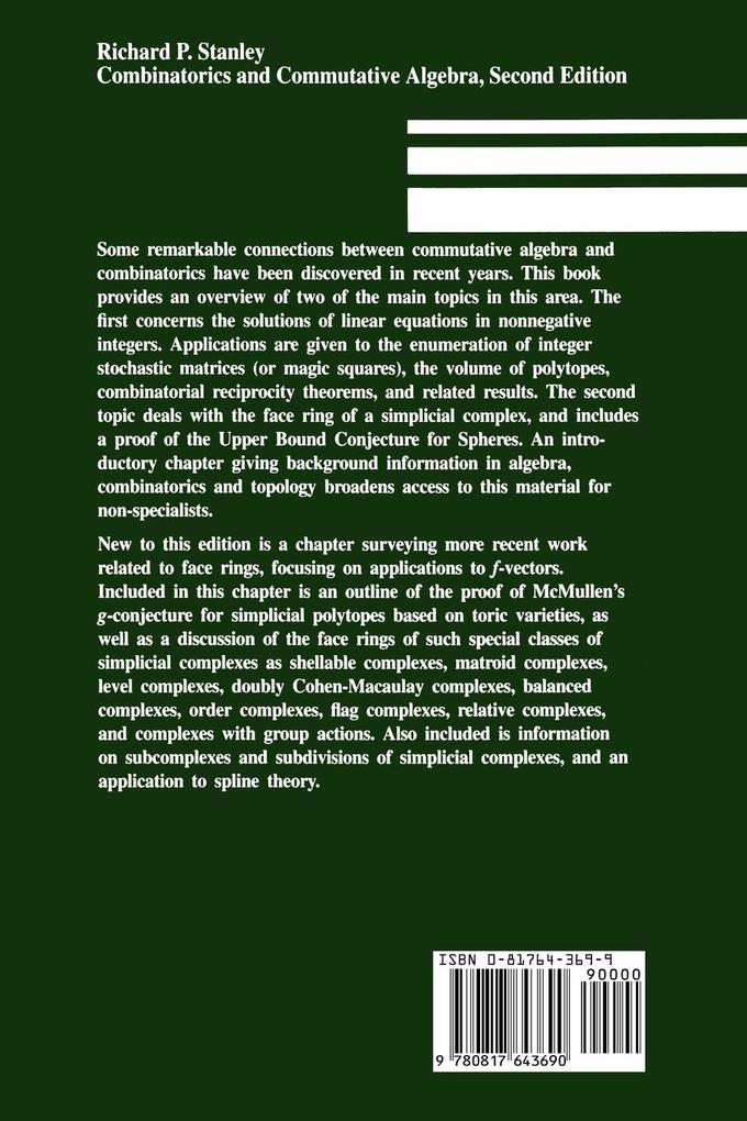 Weitere Ansicht: Combinatorics and Commutative Algebra | Richard P. Stanley