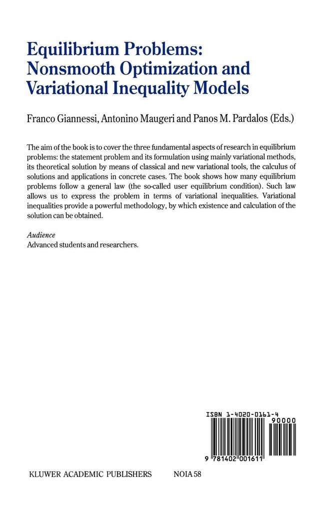 Weitere Ansicht: Equilibrium Problems: Nonsmooth Optimization and Variational Inequality Models