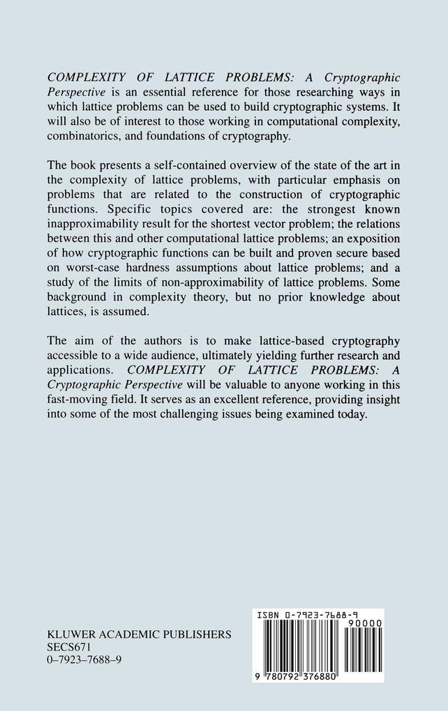 Weitere Ansicht: Complexity of Lattice Problems | Shafi Goldwasser, Daniele Micciancio