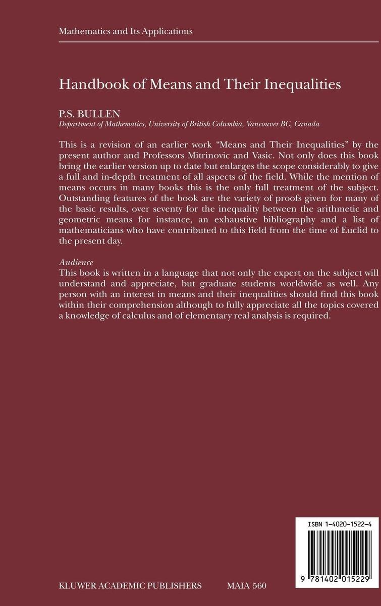 Weitere Ansicht: Handbook of Means and Their Inequalities | P.S. Bullen