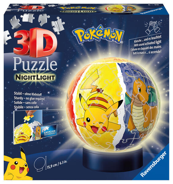 Produktbild: Ravensburger 3D Puzzle 11547 - Nachtlicht Puzzle-Ball Pokémon - 72 Teile - für Pokémon Fans ab 6 Jahren, LED Nachttischlampe mit Klatsch-Mechanismus