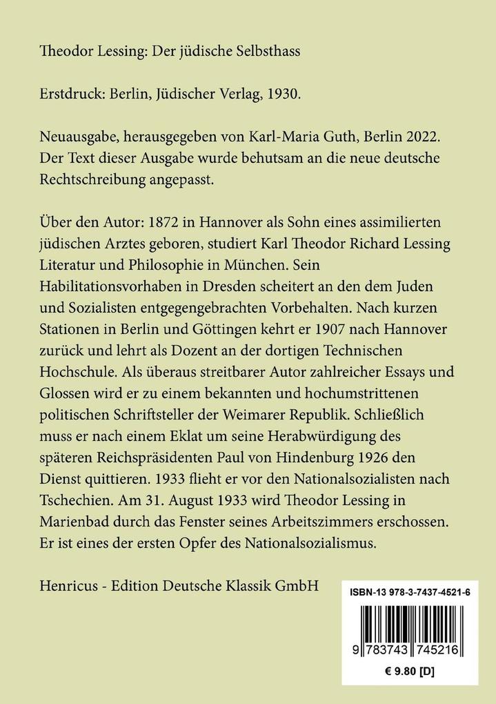 Weitere Ansicht: Der jüdische Selbsthass | Theodor Lessing