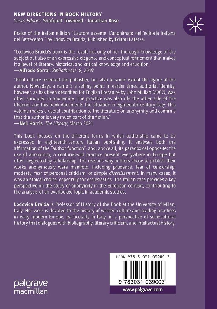 Weitere Ansicht: Anonymity in Eighteenth-Century Italian Publishing | Lodovica Braida