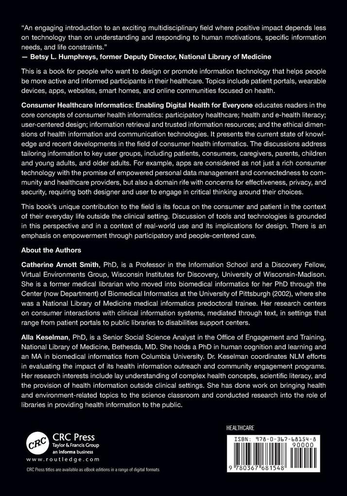 Weitere Ansicht: Consumer Health Informatics | Catherine Arnott Smith, Alla Keselman