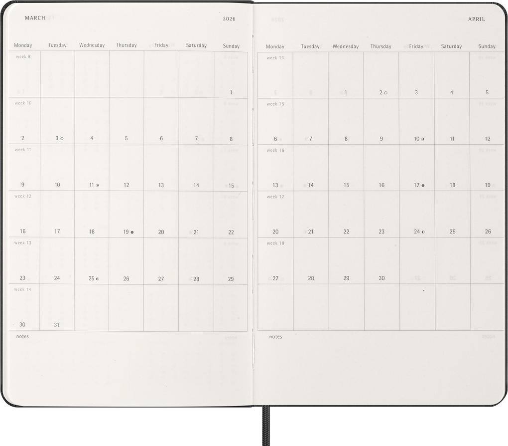 Weitere Ansicht: Moleskine 12 Monate Wochenkalender 2026, Large/A5, 1 Wo = 2 Seiten, horizontal, fester Einband, Schwarz