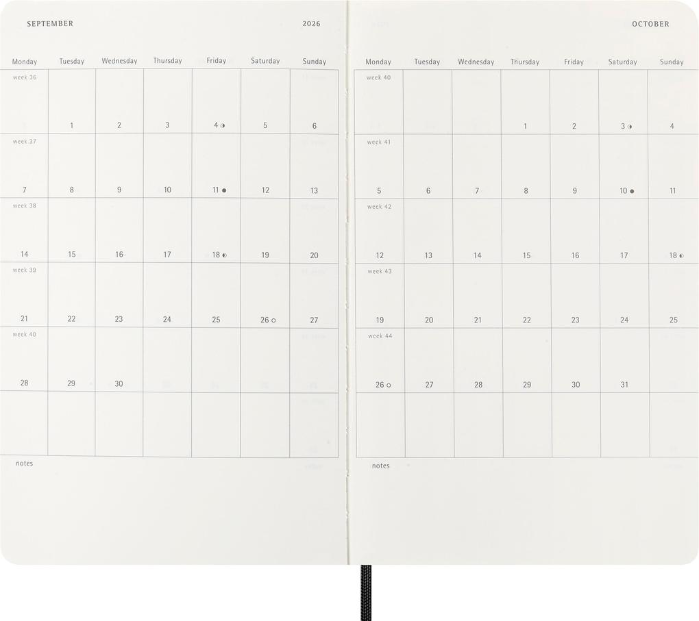 Weitere Ansicht: Moleskine 12 Monate Wochen Notizkalender 2026, Large/A5, 1 Wo = 1 Seite, rechts linierte Seite, Weicher Einband, Schwarz