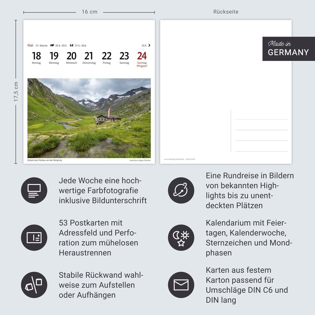 Weitere Ansicht: Südtirol Sehnsuchtskalender 2026 - Wochenkalender mit 53 Postkarten