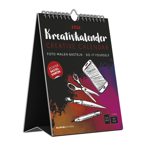 Produktbild: Kreativ-Kalender Tischaufsteller hoch schwarz 2026 - 16 x 20 - Foto, Malen, Basteln A4 - datiert - Kreativkalender - Foto-Kalender - Alpha Edition | Alpha Edition GmbH & Co. KG