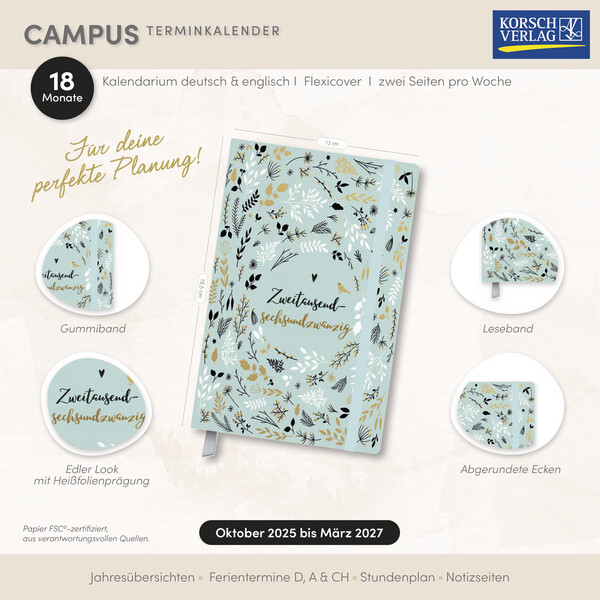 Weitere Ansicht: Terminkalender Campus Mint Flowers 18 Monate 2026/2027